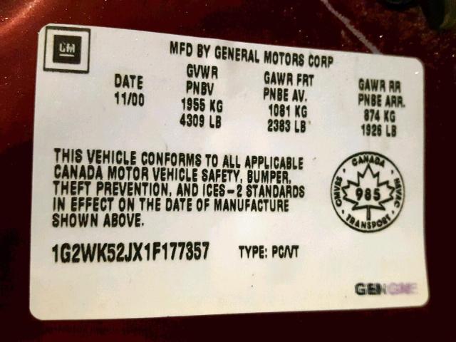 1G2WK52JX1F177357 - 2001 PONTIAC GRAND PRIX RED photo 10