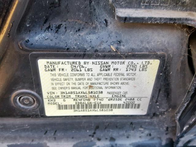 3N1AB51AX6L581038 - 2006 NISSAN SENTRA SE- BLACK photo 10