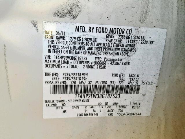 1FAHP2EW3BG187533 - 2011 FORD TAURUS SEL WHITE photo 10