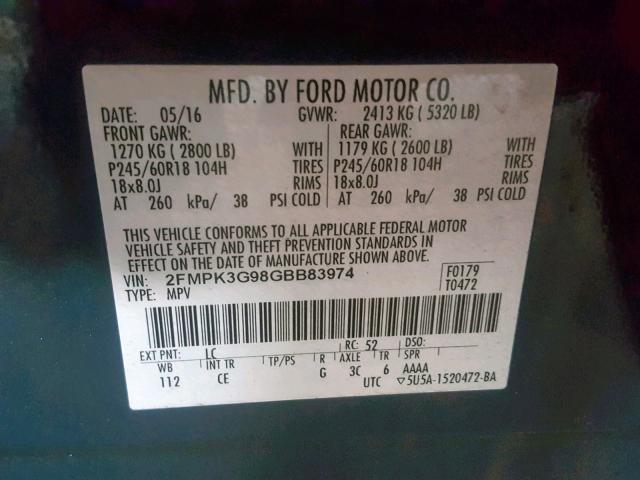 2FMPK3G98GBB83974 - 2016 FORD EDGE SE BLUE photo 10