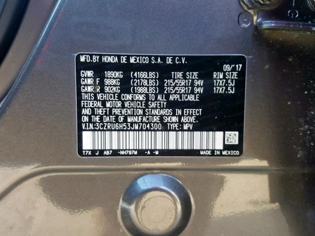 3CZRU6H53JM704300 - 2018 HONDA HR-V EX GRAY photo 10