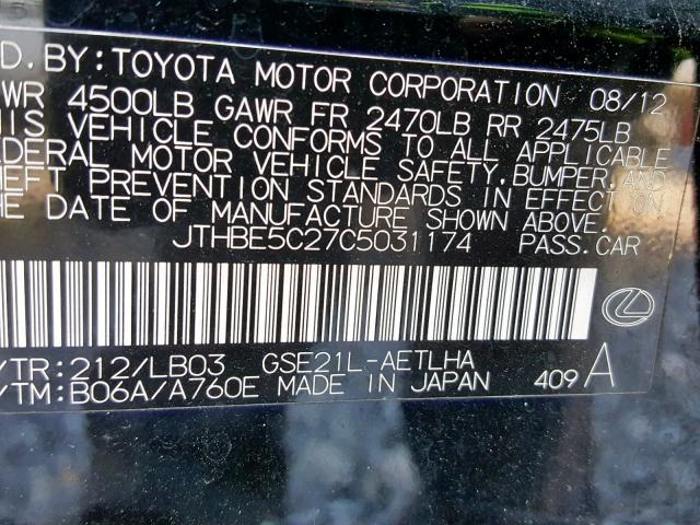 JTHBE5C27C5031174 - 2012 LEXUS IS 350 BLACK photo 10