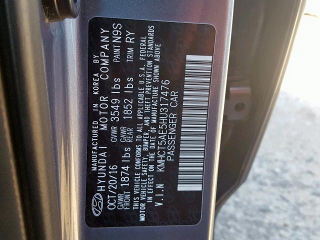 KMHCT5AE5HU317476 - 2017 HYUNDAI ACCENT SE GRAY photo 10