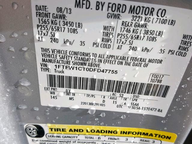 1FTFW1CT0DFD47755 - 2013 FORD F150 SUPER SILVER photo 10