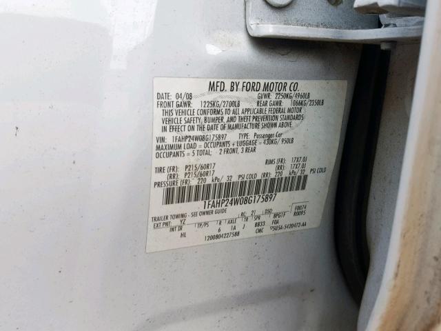 1FAHP24W08G175897 - 2008 FORD TAURUS SEL WHITE photo 10