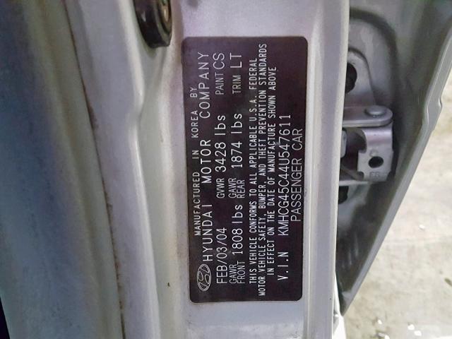 KMHCG45C44U547611 - 2004 HYUNDAI ACCENT GL SILVER photo 10