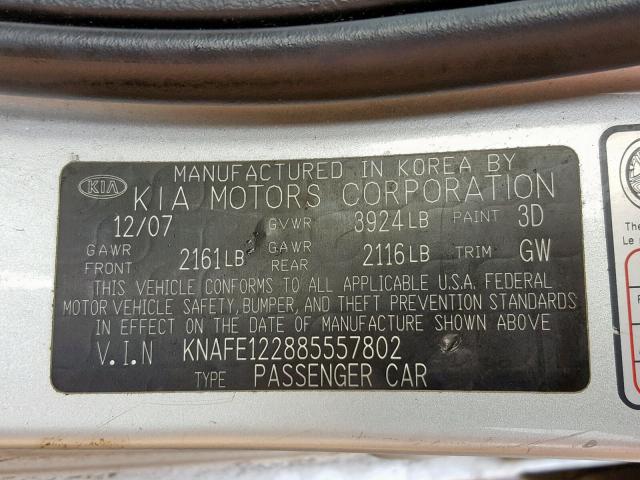 KNAFE122885557802 - 2008 KIA SPECTRA EX SILVER photo 10