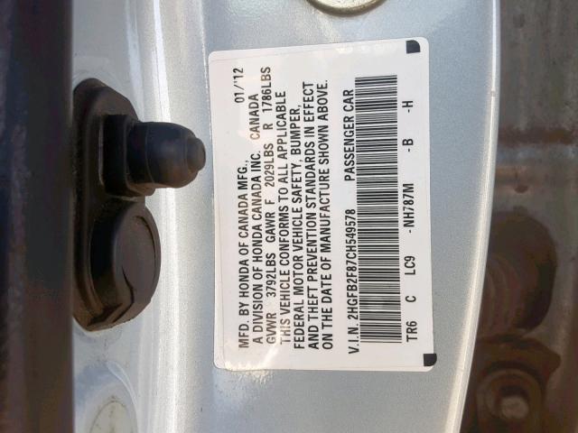 2HGFB2F87CH549578 - 2012 HONDA CIVIC EX SILVER photo 10