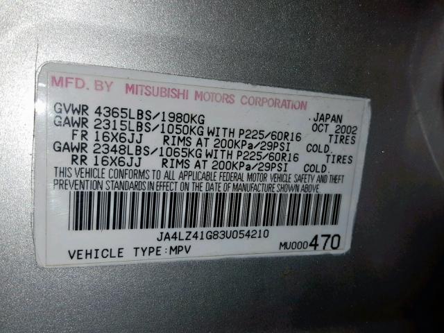 JA4LZ41G83U054210 - 2003 MITSUBISHI OUTLANDER SILVER photo 10