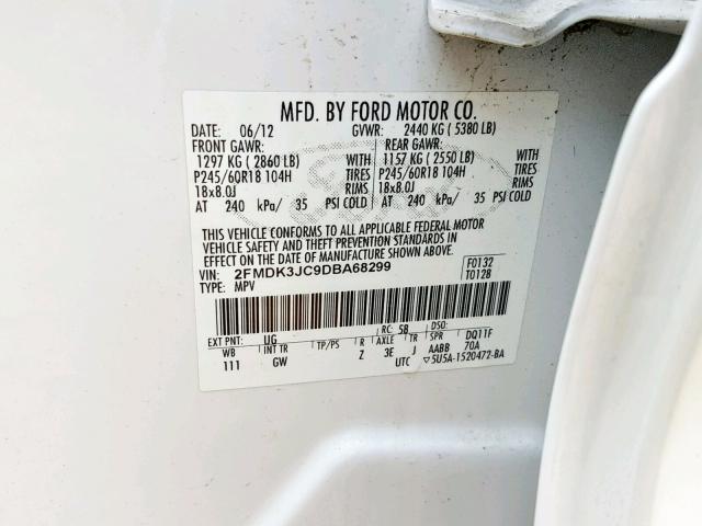 2FMDK3JC9DBA68299 - 2013 FORD EDGE SEL WHITE photo 10