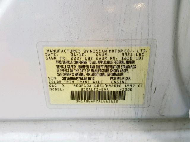 3N1AB6AP7AL661612 - 2010 NISSAN SENTRA 2.0 WHITE photo 10