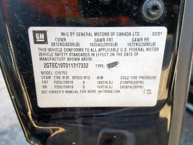 2GTEC19T011317332 - 2001 GMC NEW SIERRA BLACK photo 10