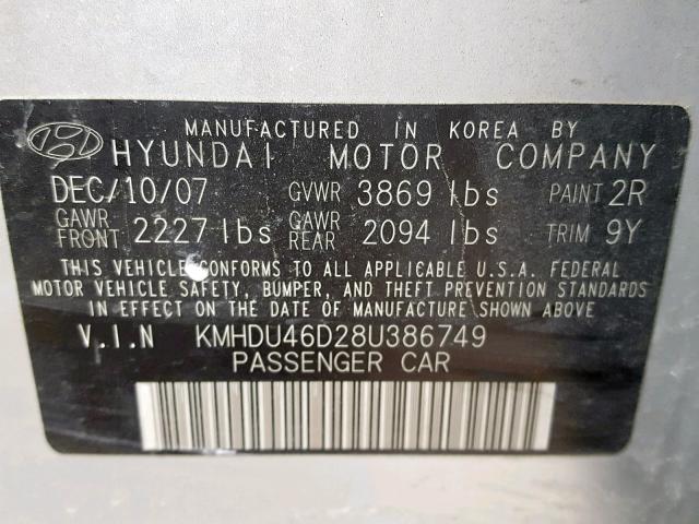 KMHDU46D28U386749 - 2008 HYUNDAI ELANTRA GL SILVER photo 10