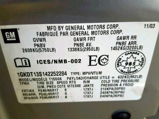 1GKDT13S142252284 - 2004 GMC ENVOY SILVER photo 10