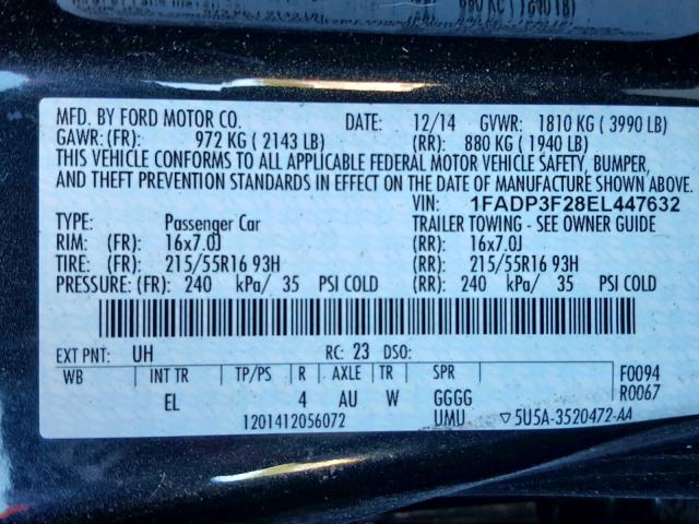 1FADP3F28EL447632 - 2014 FORD FOCUS SE შავი ფოტო 10