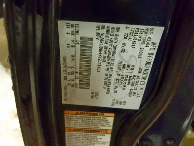 5LMEU88HX4ZJ31403 - 2004 LINCOLN AVIATOR 蓝色 照片 10