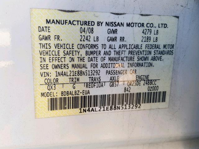 1N4AL21E88N513292 - 2008 NISSAN ALTIMA 2.5 WHITE photo 10