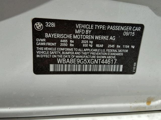 WBA8E9G5XGNT44617 - 2016 BMW 328 I SULE WHITE photo 10