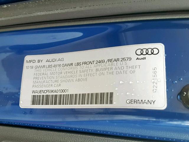 WAUENCF59KA010001 - 2019 AUDI A5 PREMIUM BLUE photo 10