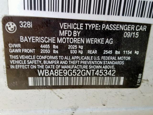 WBA8E9G52GNT45342 - 2016 BMW 328 I SULE WHITE photo 10