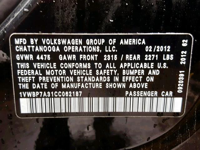 1VWBP7A31CC062187 - 2012 VOLKSWAGEN PASSAT SE BLACK photo 10