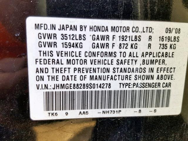 JHMGE88289S014278 - 2009 HONDA FIT BLACK photo 10