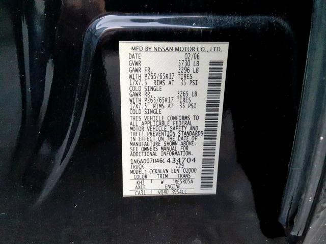 1N6AD07U46C434704 - 2006 NISSAN FRONTIER C BLACK photo 10