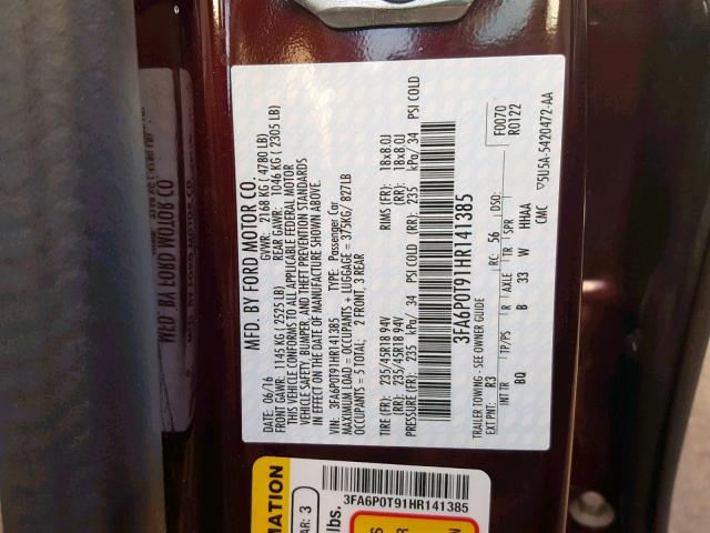 3FA6P0T91HR141385 - 2017 FORD FUSION SE MAROON photo 10