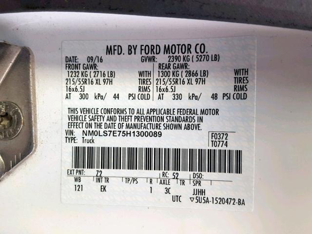 NM0LS7E75H1300089 - 2017 FORD TRANSIT CO WHITE photo 10