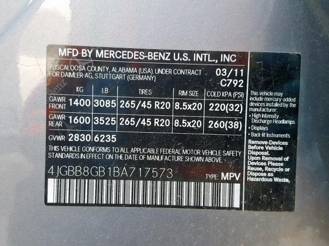4JGBB8GB1BA717573 - 2011 MERCEDES-BENZ ML 350 4MA SILVER photo 10