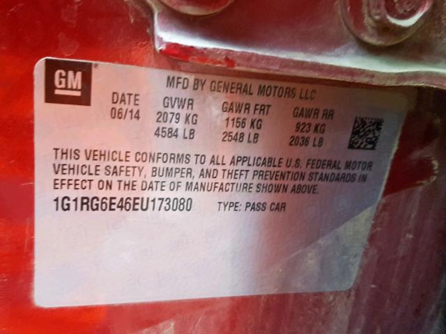 1G1RG6E46EU173080 - 2014 CHEVROLET VOLT RED photo 10