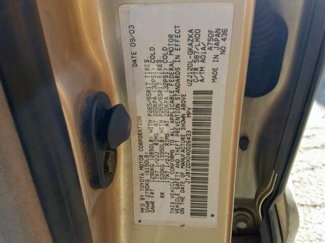 JTJBT20X040026433 - 2004 LEXUS GX 470 金色 照片 10