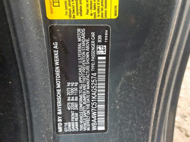 WBA4W7C51KAG52574 - 2019 BMW 440I GRAY photo 10