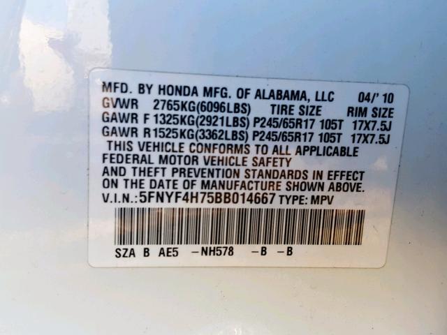 5FNYF4H75BB014667 - 2011 HONDA PILOT EXLN WHITE photo 10