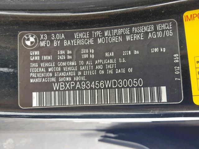 WBXPA93456WD30050 - 2006 BMW X3 3.0I BLACK photo 10