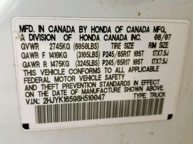 2HJYK16598H510047 - 2008 HONDA RIDGELINE WHITE photo 10