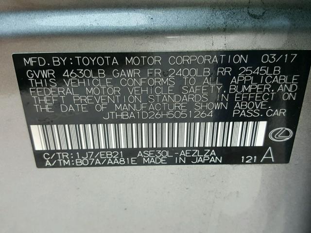 JTHBA1D26H5051264 - 2017 LEXUS IS 200T GRAY photo 10