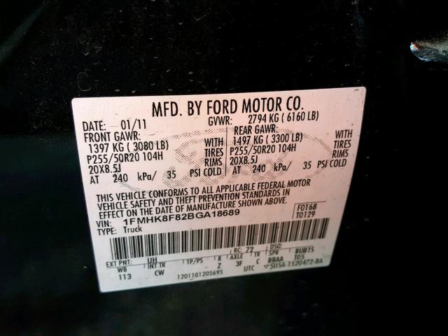 1FMHK8F82BGA18689 - 2011 FORD EXPLORER L BLACK photo 10