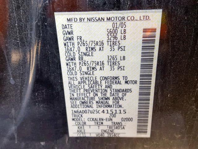 1N6AD07U25C415115 - 2005 NISSAN FRONTIER C BLACK photo 10