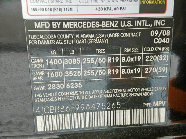 4JGBB86E99A475265 - 2009 MERCEDES-BENZ ML 350 BLACK photo 10