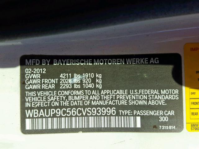 WBAUP9C56CVS93996 - 2012 BMW 128 I WHITE photo 10