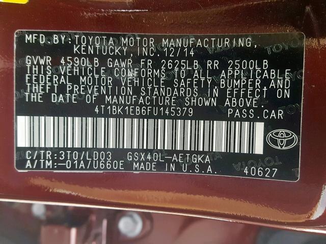 4T1BK1EB6FU145379 - 2015 TOYOTA AVALON XLE BURGUNDY photo 10