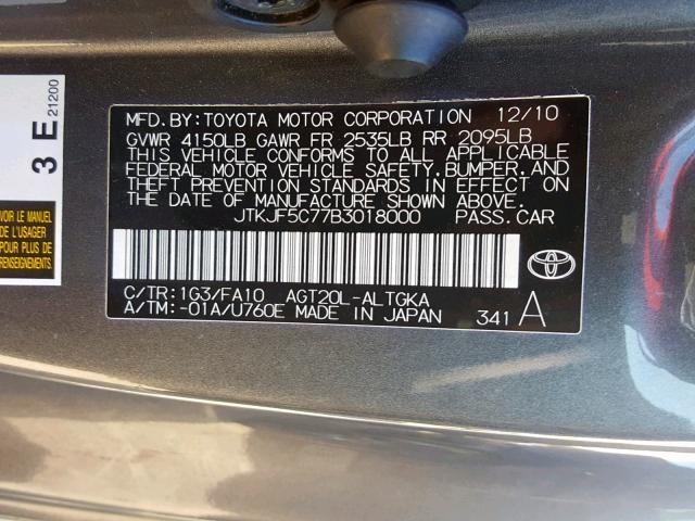 JTKJF5C77B3018000 - 2011 TOYOTA SCION TC ნაცრისფერი ფოტო 10