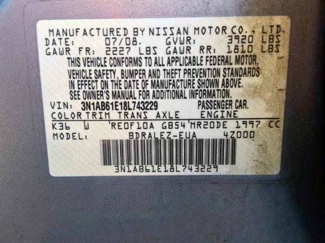 3N1AB61E18L743229 - 2008 NISSAN SENTRA 2.0 GRAY photo 10