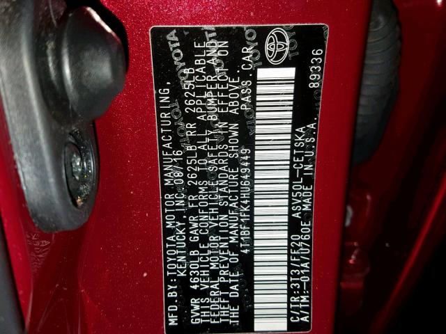 4T1BF1FK4HU649449 - 2017 TOYOTA CAMRY LE RED photo 10
