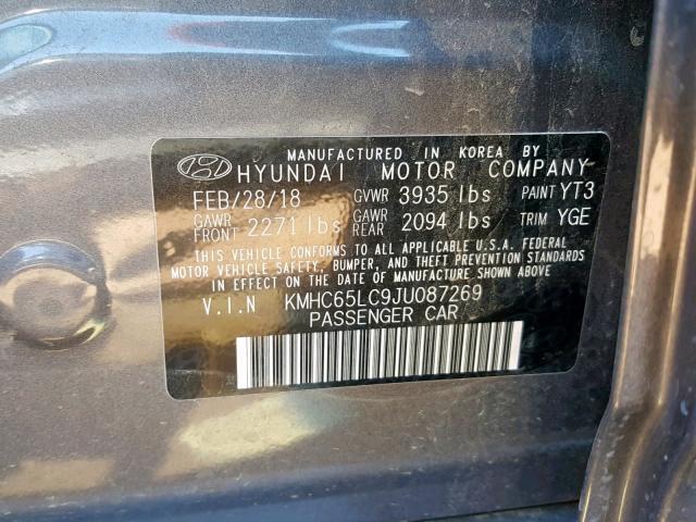 KMHC65LC9JU087269 - 2018 HYUNDAI IONIQ BLUE GRAY photo 10