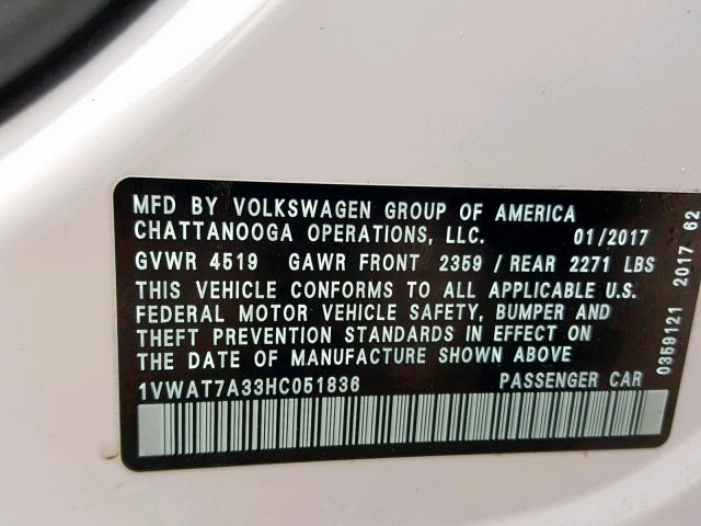 1VWAT7A33HC051836 - 2017 VOLKSWAGEN PASSAT S WHITE photo 10