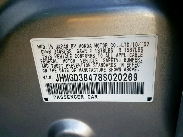 JHMGD38478S020269 - 2008 HONDA FIT SILVER photo 10