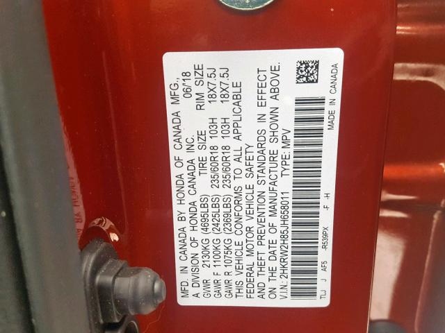 2HKRW2H85JH658011 - 2018 HONDA CR-V EXL RED photo 10