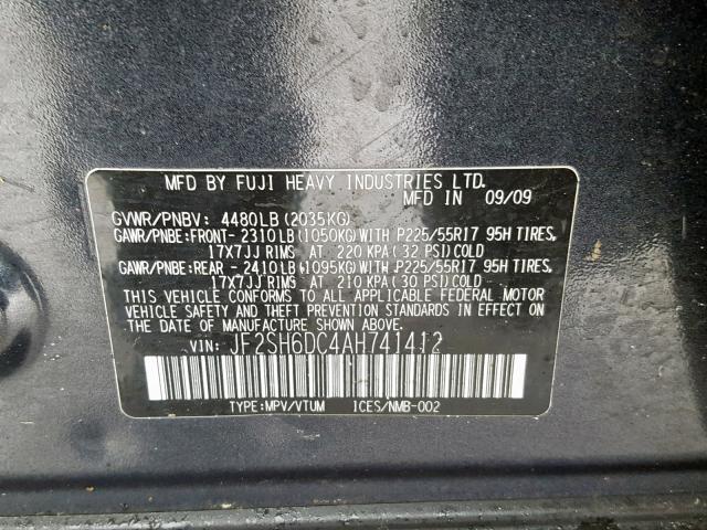 JF2SH6DC4AH741412 - 2010 SUBARU FORESTER 2 GRAY photo 10